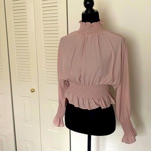 High neck fitted waist taupe blouse